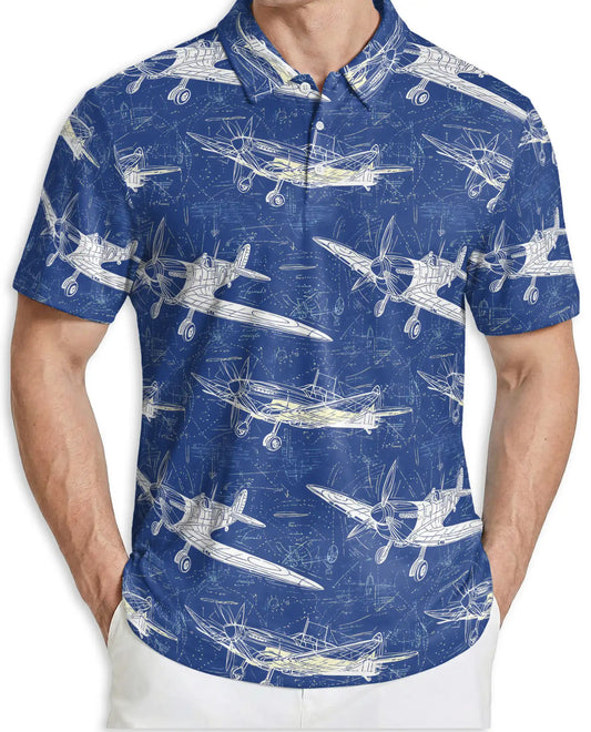 Vintage Airplane Blueprint Polo Shirt for Men-  Aviation Aircraft Print | Azhawaiian