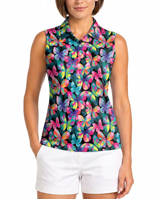 Vibrant Butterfly Pattern Sleeveless Polo Shirt for Women | Azhawaiian