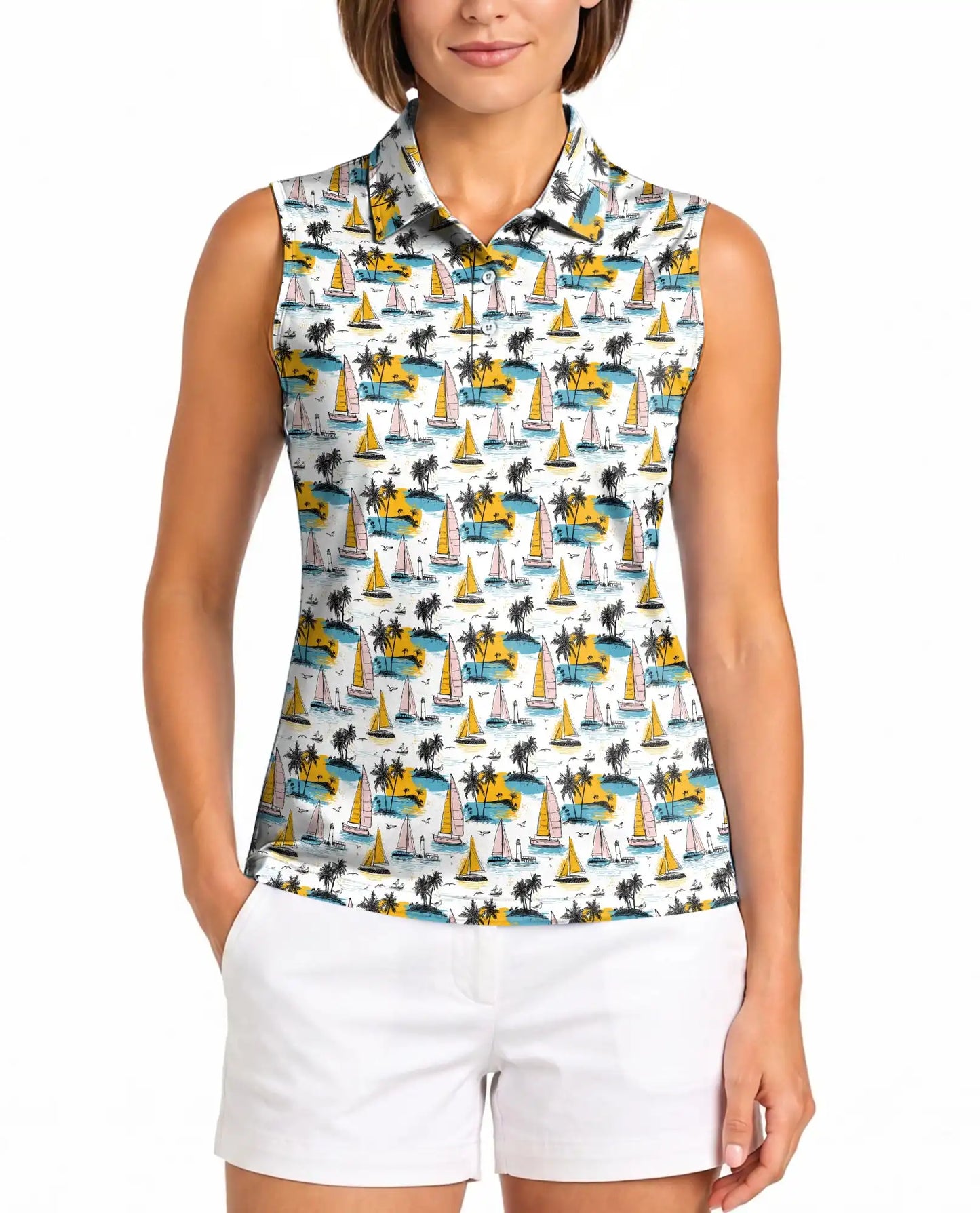 Tropical Sailboat And Palm Tree Pattern Sleeveless Polo Shirt for Women | Azhawaiian