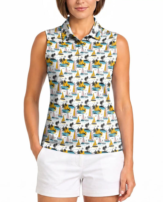 Tropical Sailboat And Palm Tree Pattern Sleeveless Polo Shirt for Women | Azhawaiian
