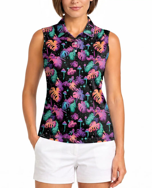 Neon Mushroom Leaves Sleeveless Polo Shirt for Women, Colorful Nature Style | Azhawaiian