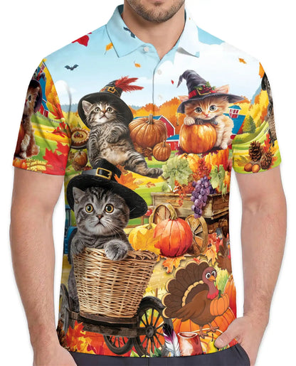 Autumn Harvest Cats Polo Shirt for Men, Cute Fall Kitten Print | Azhawaiian