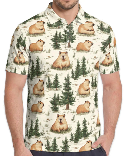 Capybara Forest Polo Shirt - Woodland Wildlife Nature Animal Design | Azhawaiian