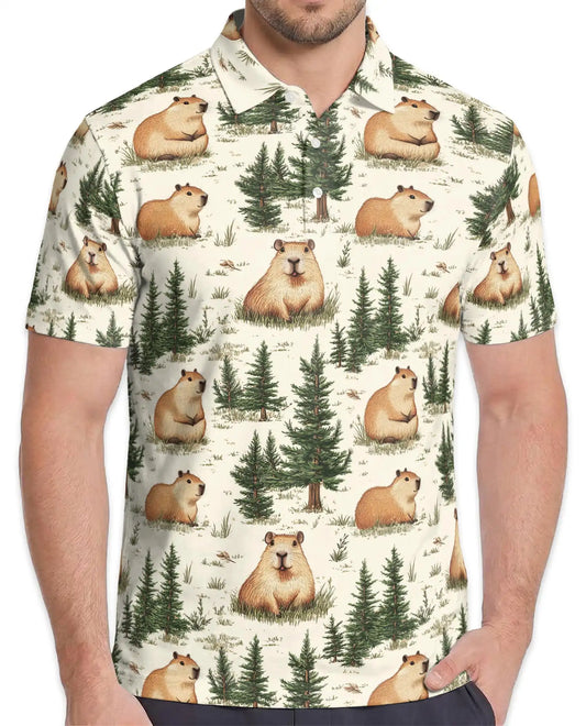 Capybara Forest Polo Shirt - Woodland Wildlife Nature Animal Design