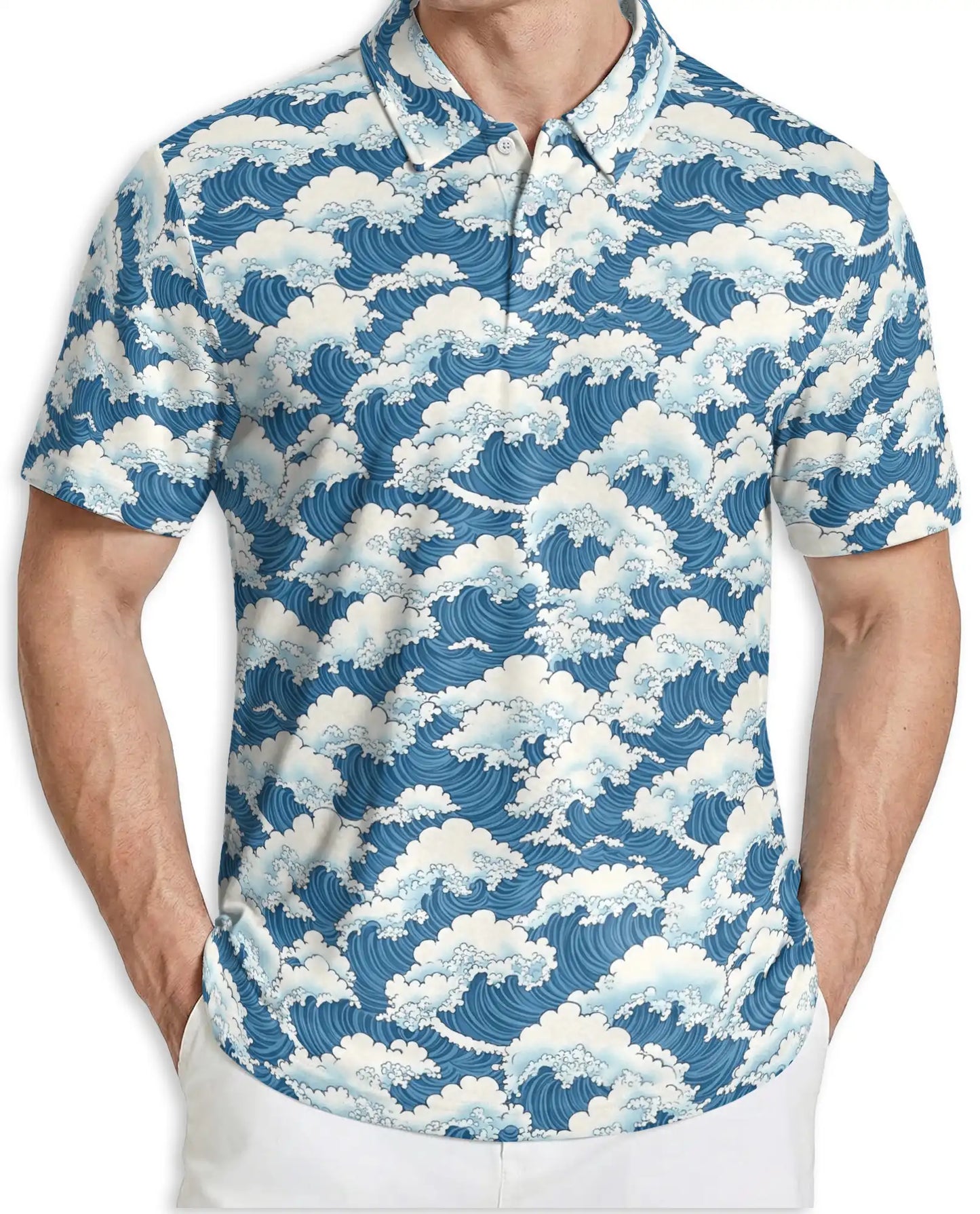 Japanese Ocean Wave 3D Polo Shirt for Men, Coastal Minimalist Art Style | Azhawaiian