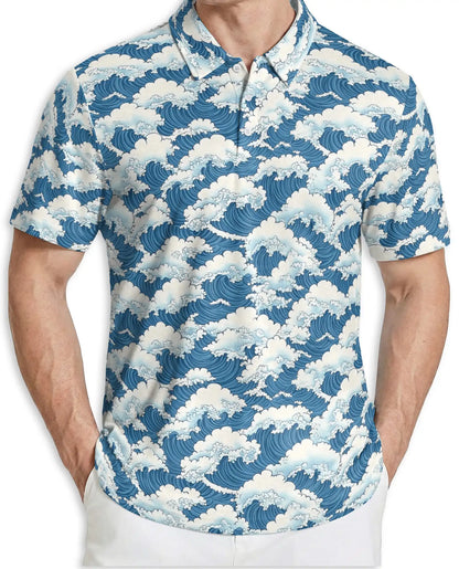 Japanese Ocean Wave 3D Polo Shirt for Men, Coastal Minimalist Art Style | Azhawaiian