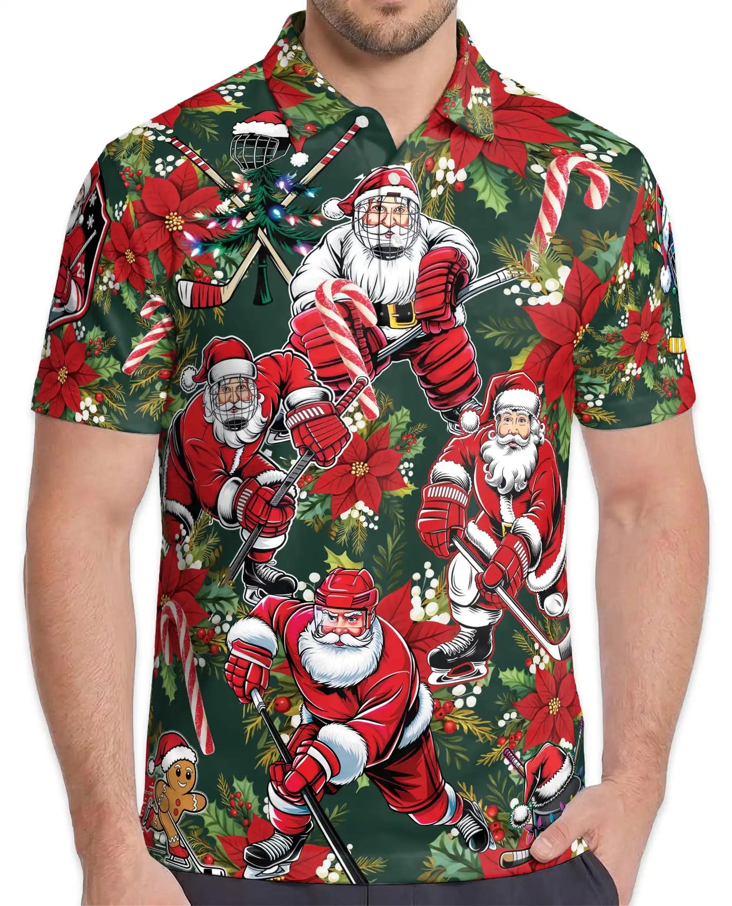 Hockey Santa Polo Shirt, Christmas Holiday Print | Azhawaiian