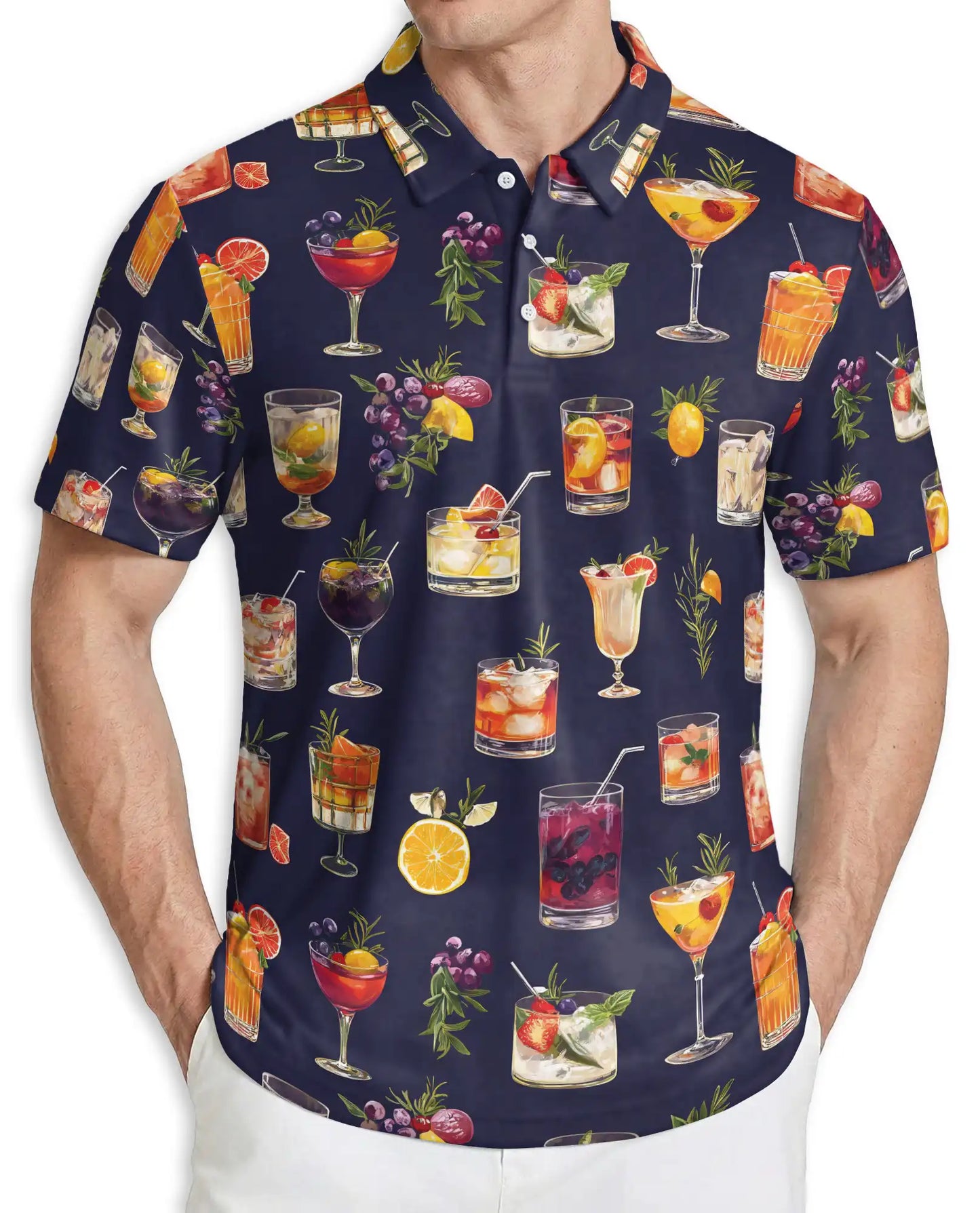 Cocktail Print Polo Shirt, Summer Drink Party Style | Azhawaiian