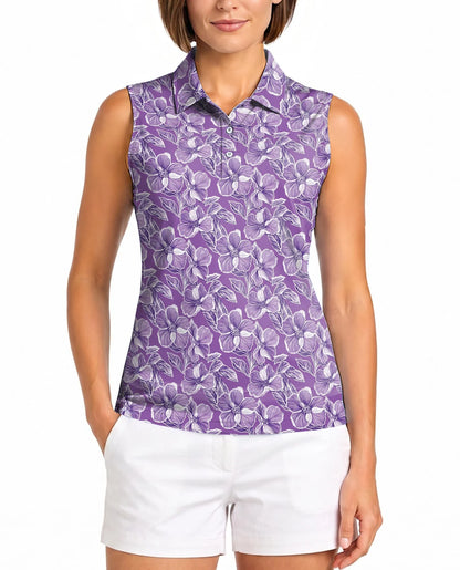 Big Hibiscus Purple Sleeveless Polo Shirt for Women | Azhawaiian