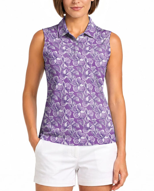 Big Hibiscus Purple Sleeveless Polo Shirt for Women | Azhawaiian