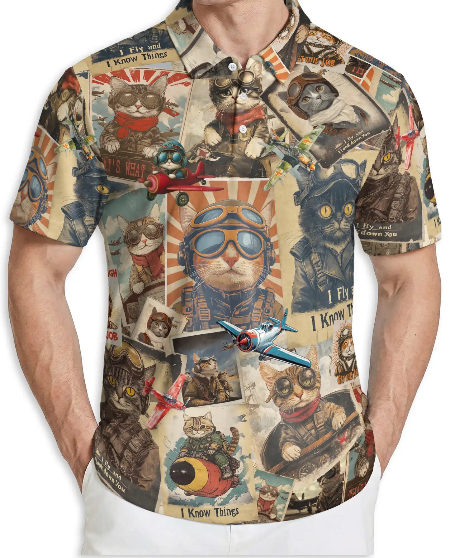 Pilot Cat 3D Polo Shirt for Men, Vintage Aviator Cat Style | Azhawaiian