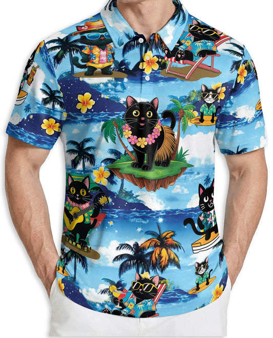 Tropical Black Cat 3D Polo Shirt for Men, Hawaiian Beach Cartoon Style | Azhawaiian
