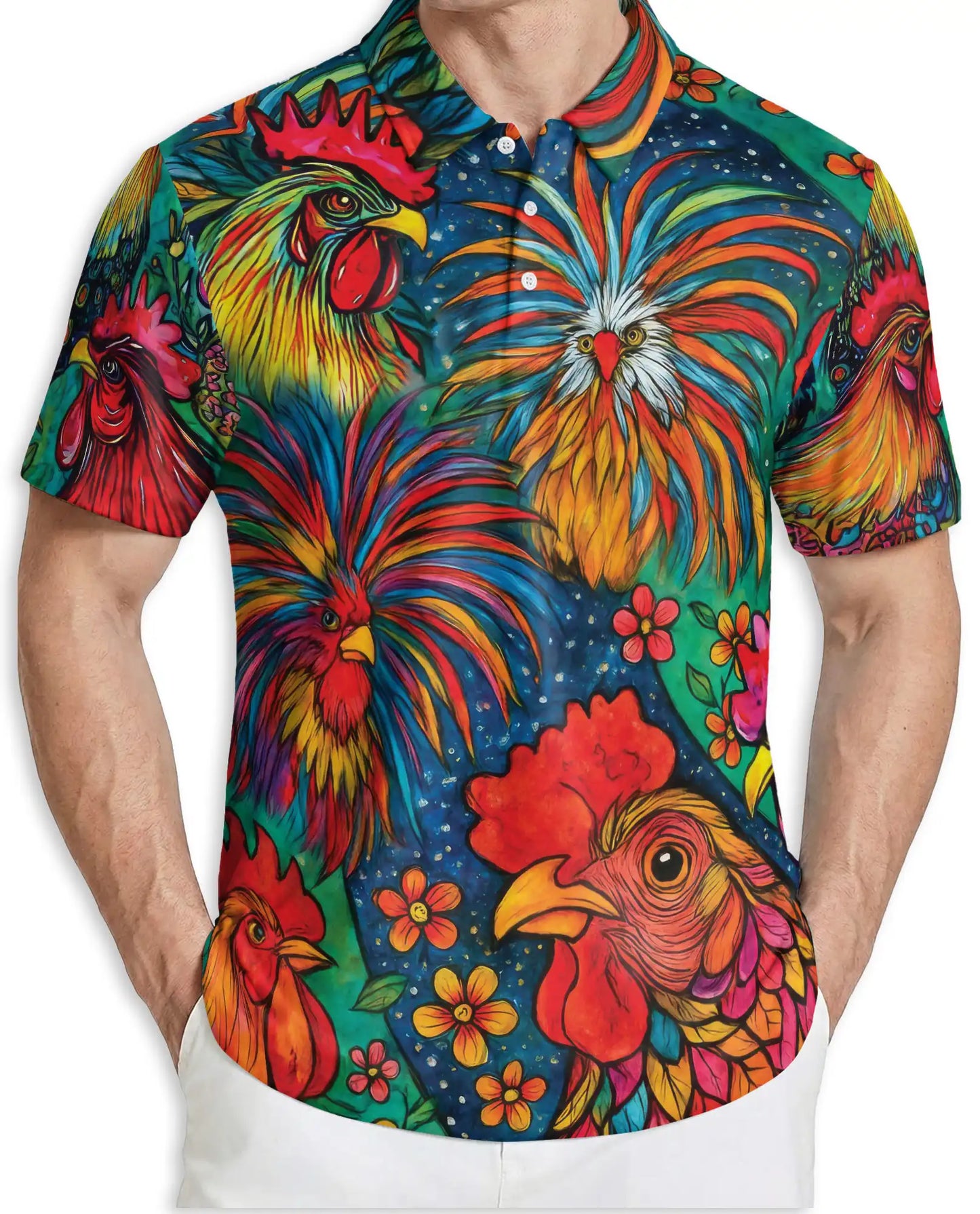Colorful Rooster Polo Shirt, Folk Art Farm Print | Azhawaiian