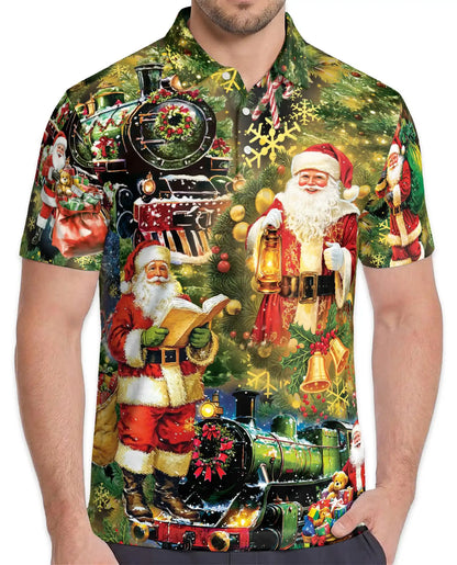 Christmas Train Santa 3D Polo Shirt for Men, Vintage Holiday Winter Style | Azhawaiian