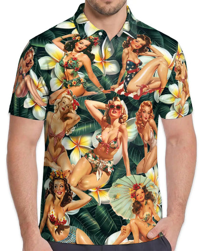 Retro Pin Up Girl Hawaiian Polo Shirt - Vintage Tropical Beauty Design | Azhawaiian