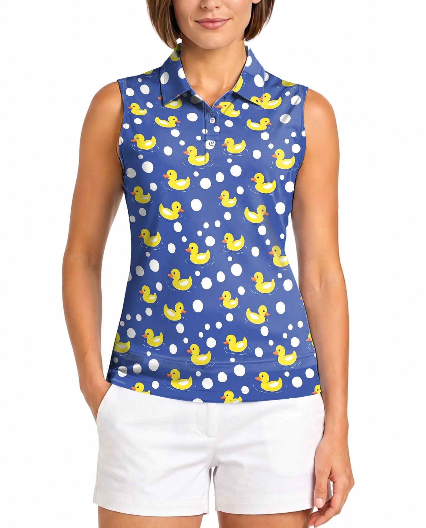 Rubber Duck Polka Dot Sleeveless Polo Shirt for Women, Cute Fun Style | Azhawaiian