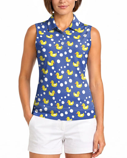 Rubber Duck Polka Dot Sleeveless Polo Shirt for Women, Cute Fun Style | Azhawaiian