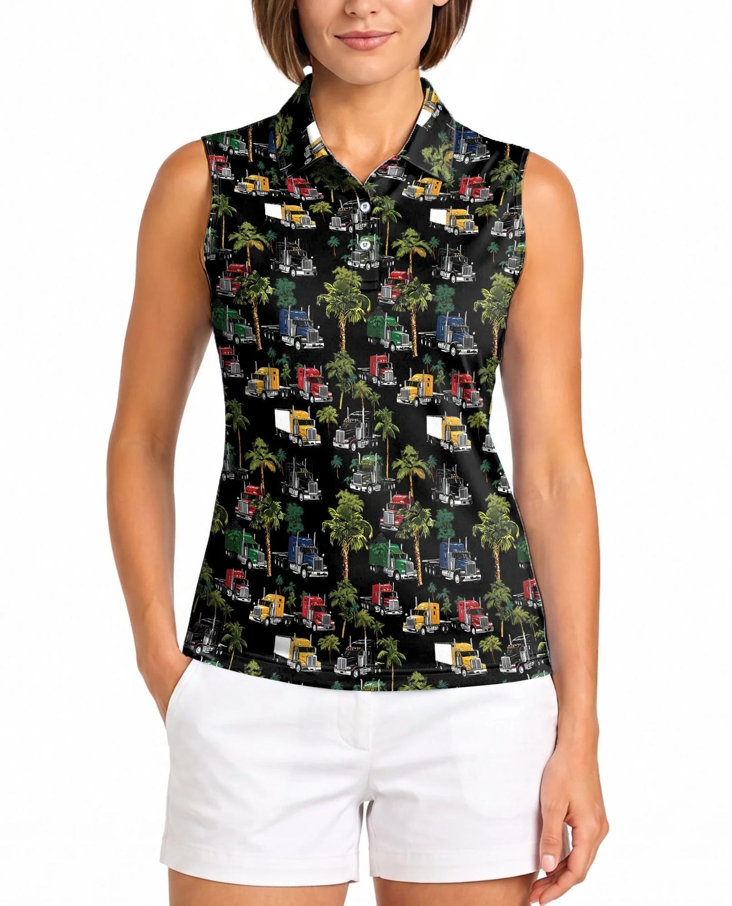 Semi Truck and Palm Tree Print Sleeveless Polo Shirt for Women | Azhawaiian