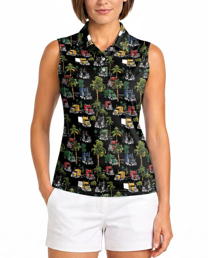 Semi Truck and Palm Tree Print Sleeveless Polo Shirt for Women | Azhawaiian