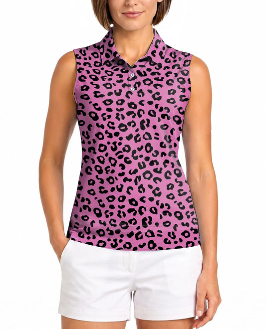 Pink Leopard Print Sleeveless Polo Shirt for Women, Wild Fashion Style | Azhawaiian