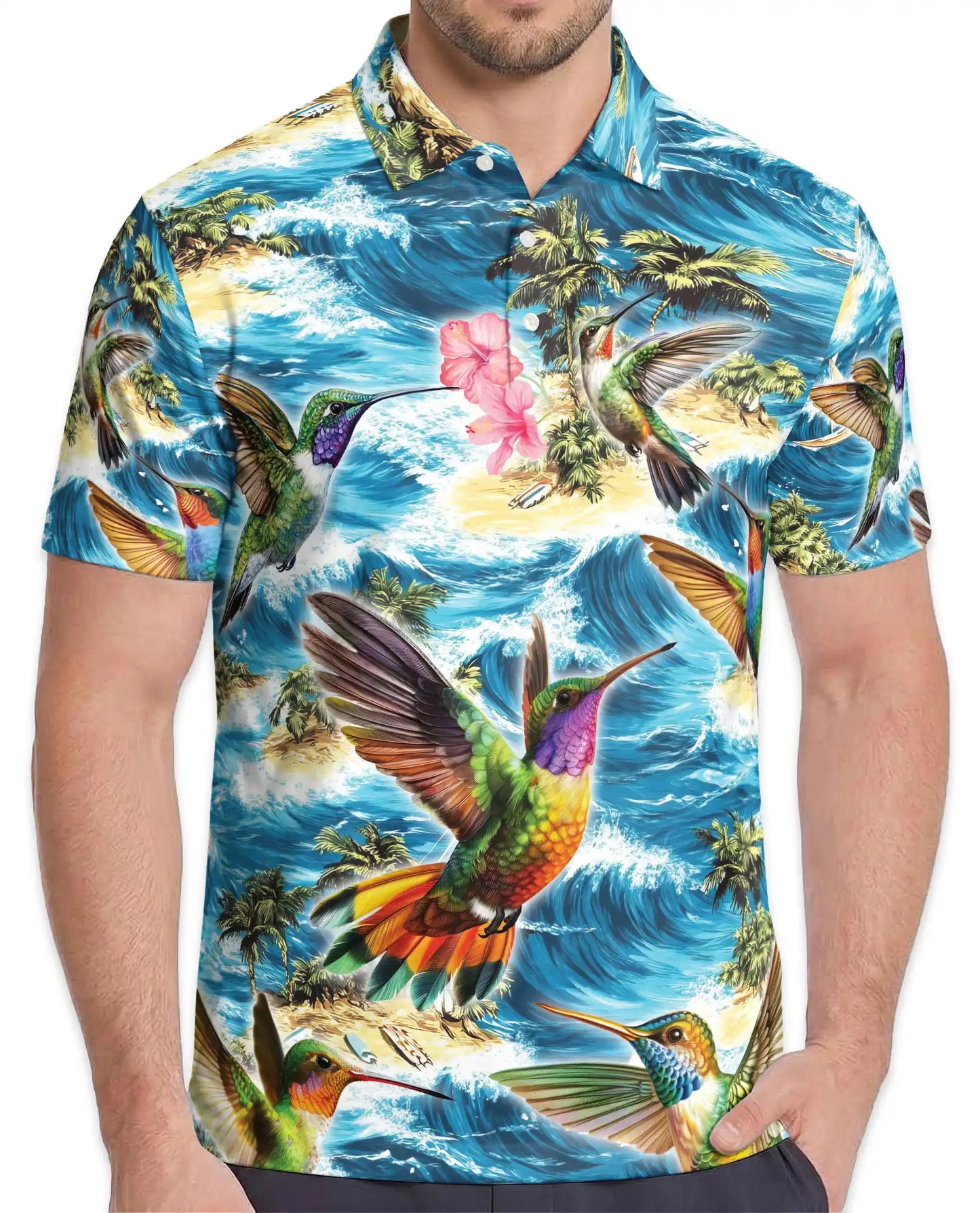 Hummingbird Tropical Polo Shirt, Ocean Wave Print | Azhawaiian