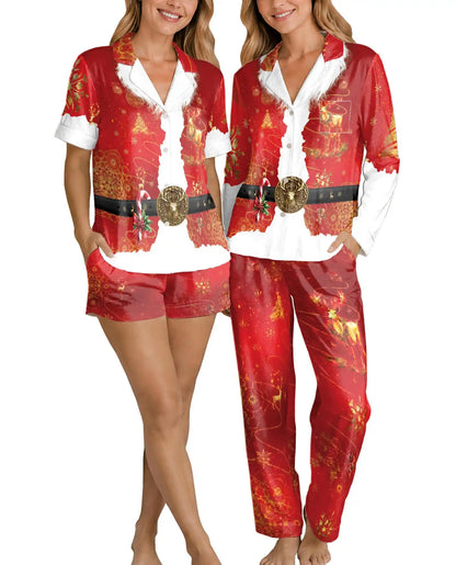 Santa Claus Christmas Pajama Set for Women, Holiday Satin Sleepwear