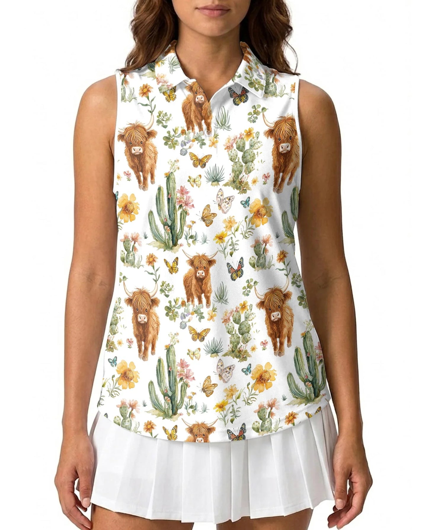 Cute Highland Cattle Sleeveless Polo Shirt for Women | Azhawaiian