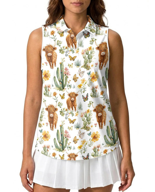 Cute Highland Cattle Sleeveless Polo Shirt for Women | Azhawaiian