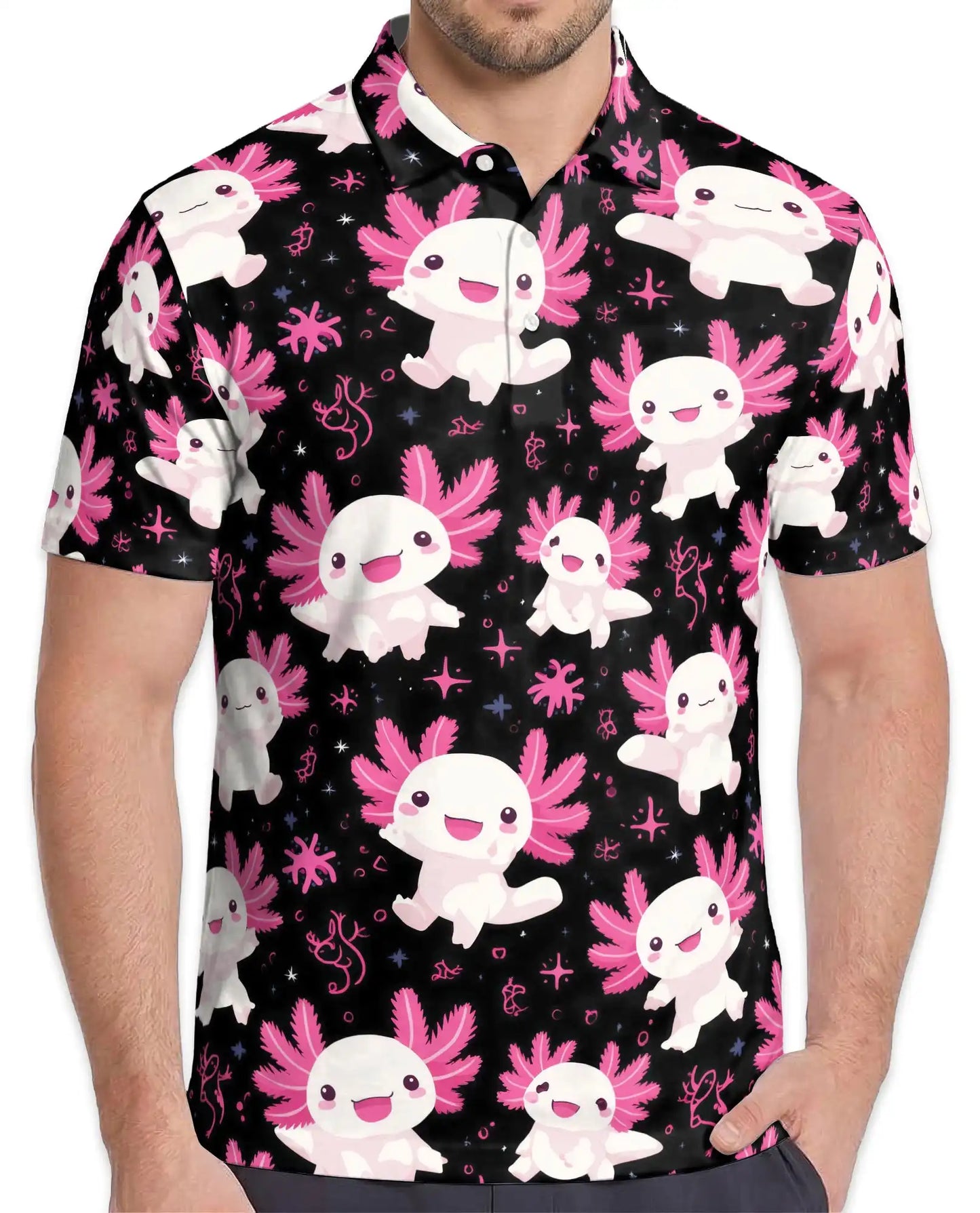 Pink Axolotl Polo Shirt for Men, Cute Aquatic Animal Style | Azhawaiian