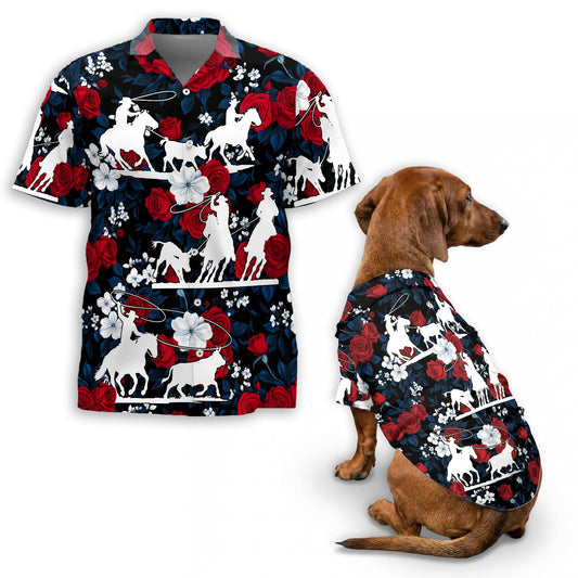 Flower Horse Roping Matching Dog Owner Hawaiian Shirts, Funny Pet Aloha Shirt for Beach Vacation - Azhawaiian