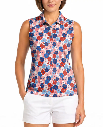 Red And Blue Floral Sleeveless Polo Shirt for Women | Azhawaiian