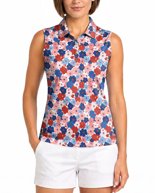 Red And Blue Floral Sleeveless Polo Shirt for Women | Azhawaiian