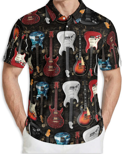 Electric Guitar Hawaiian Polo Shirt | Rock Music Guitar Pattern Shirt | Azhawaiian