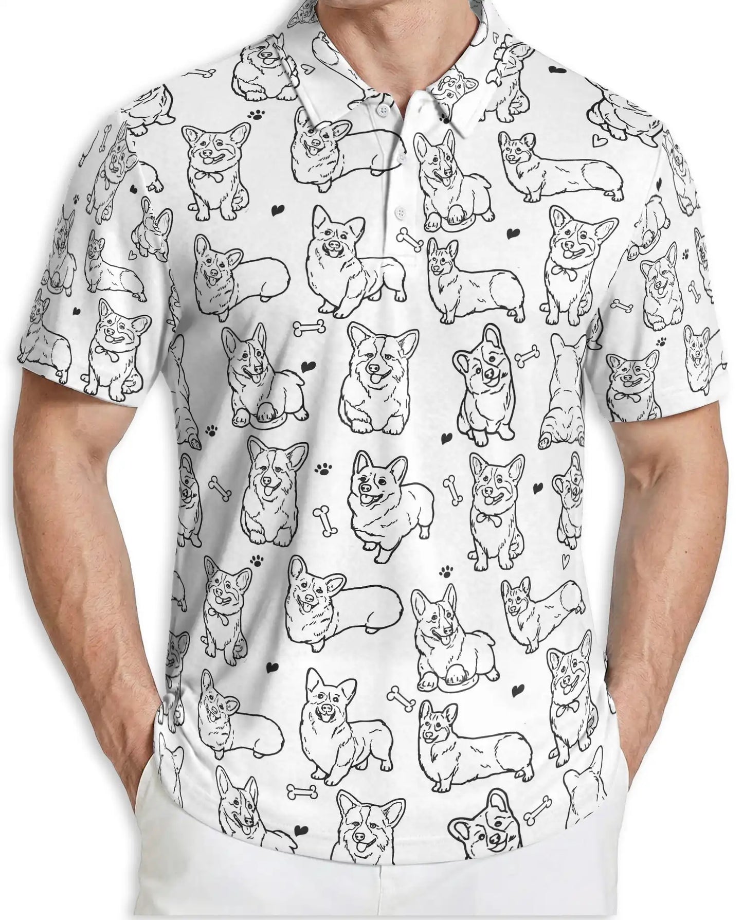 Cute Corgi Sketch 3D Polo Shirt for Men, Minimal Dog Lover Style | Azhawaiian