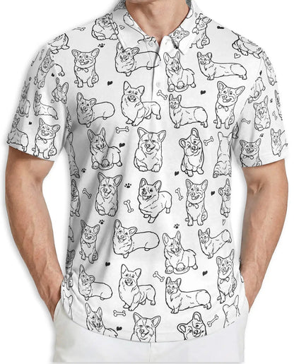 Cute Corgi Sketch 3D Polo Shirt for Men, Minimal Dog Lover Style | Azhawaiian