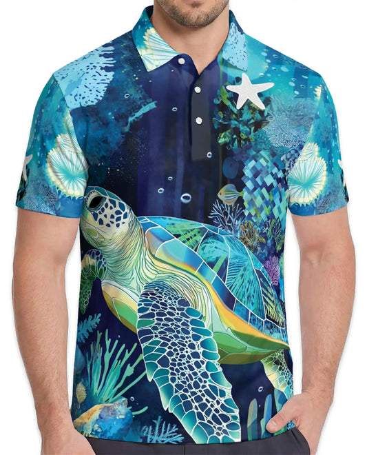 Sea Turtle Polo Shirt - Tropical Ocean Marine Life Coastal Design | Azhawaiian
