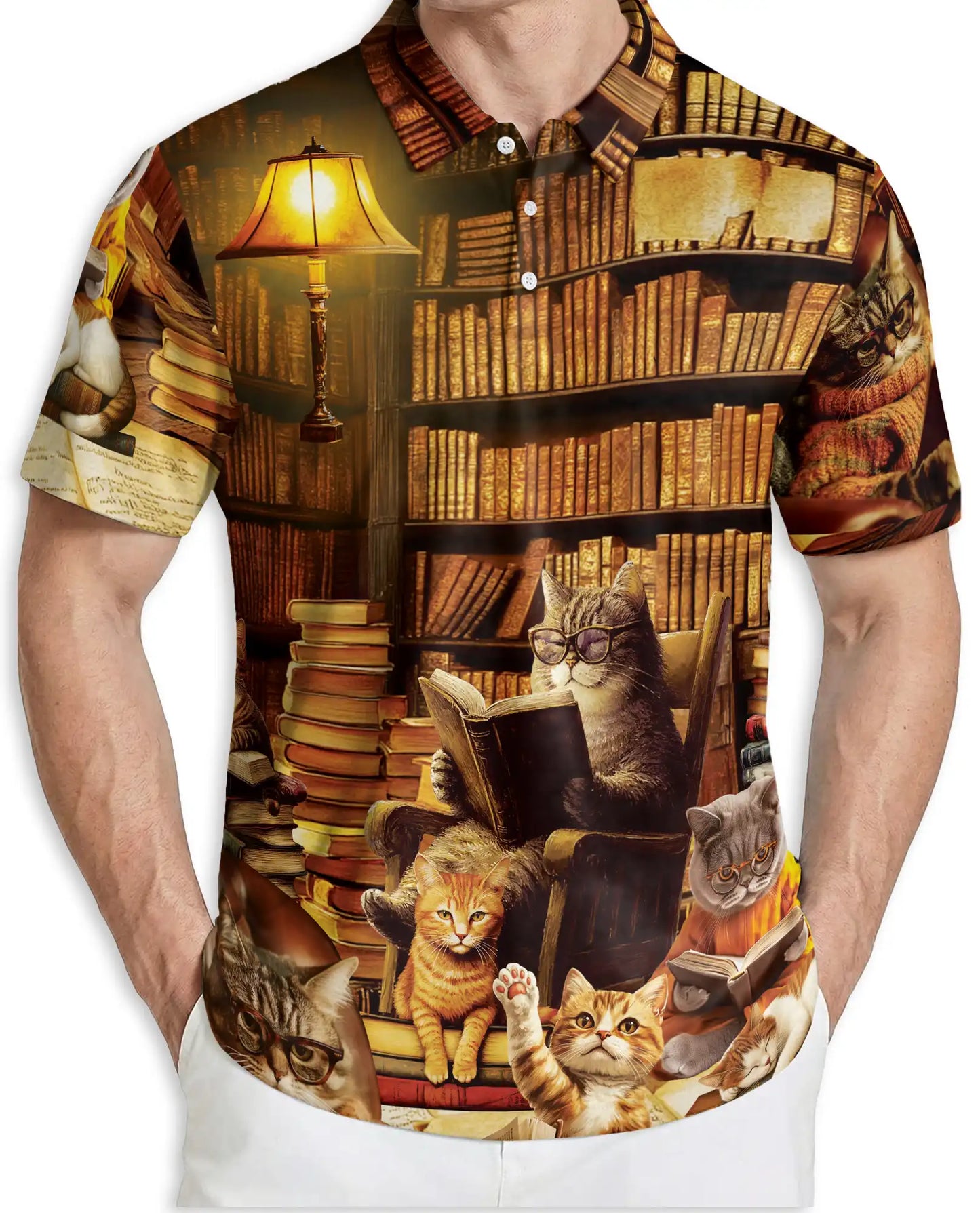 Cat Library Polo Shirt, Cozy Reading Room Print | Azhawaiian