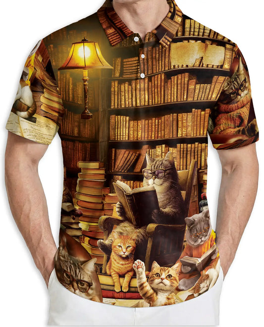 Cat Library Polo Shirt, Cozy Reading Room Print | Azhawaiian