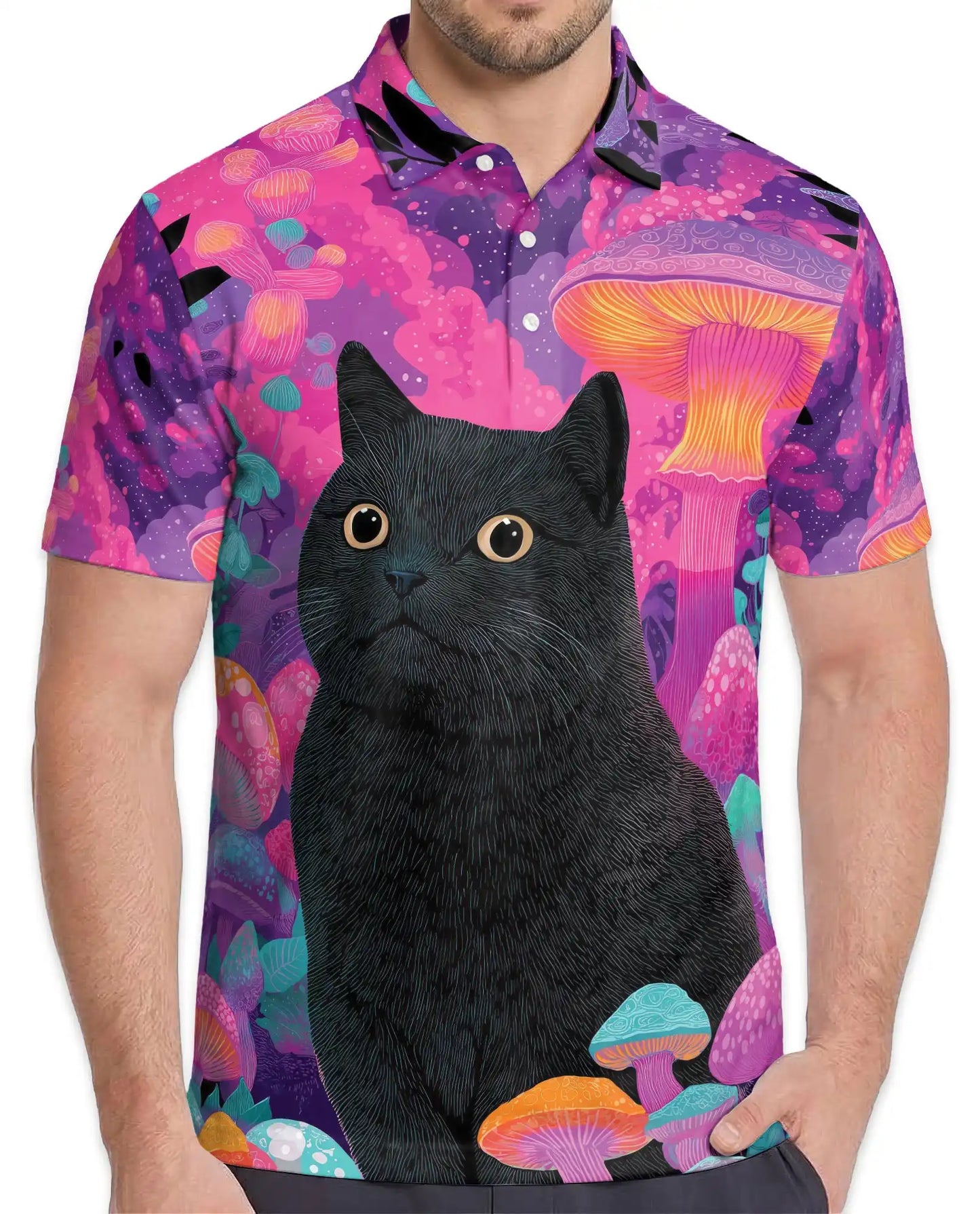 Black Cat Fantasy Mushroom Polo Shirt for Men- Print Magical Forest | Azhawaiian