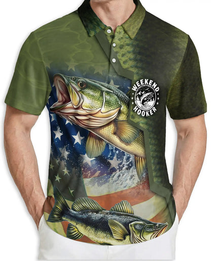 Weekend Hooker Bass Fishing 3D Polo Shirt for Men, Patriotic Angler Style | Azhawaiian