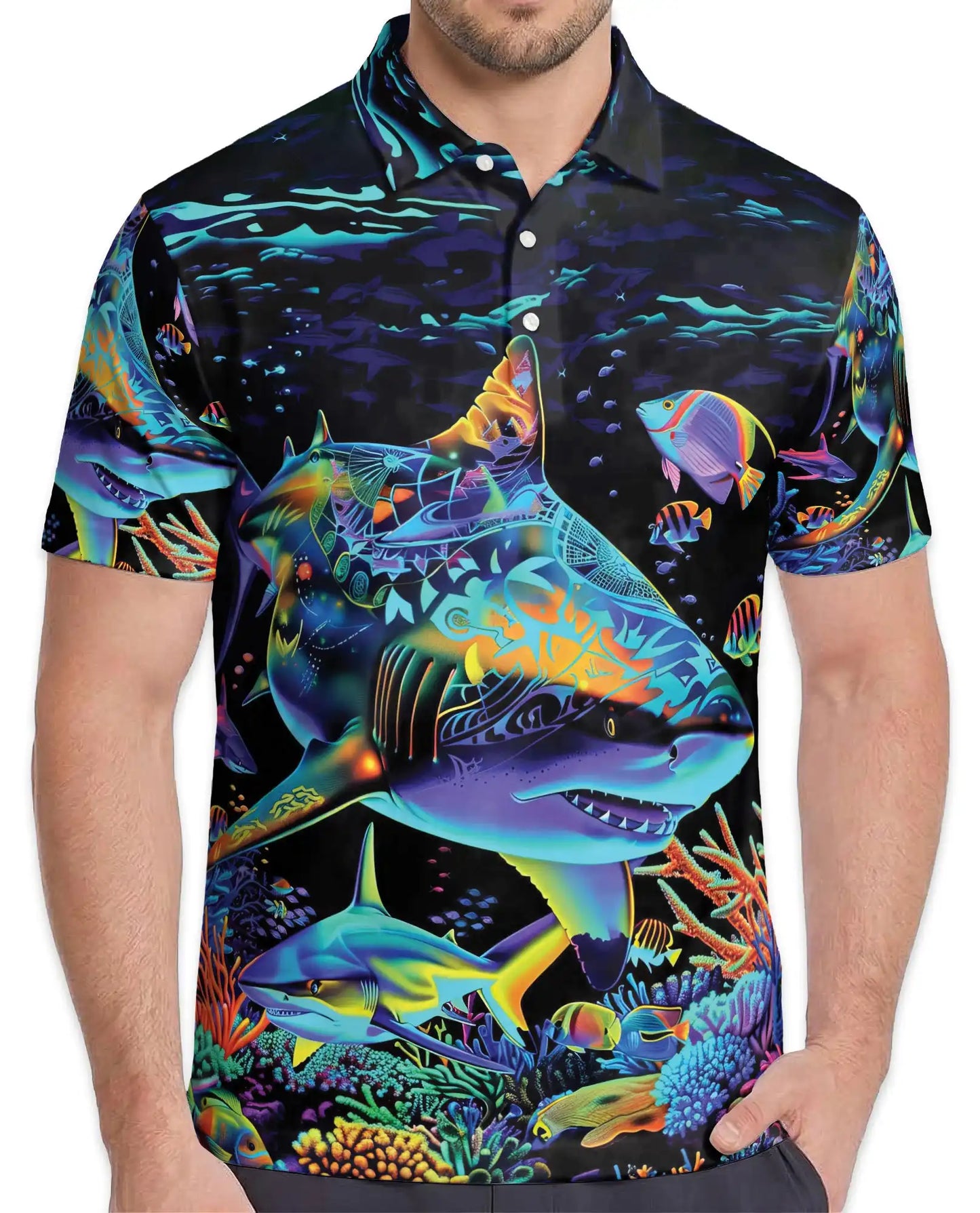 Tropical Sharks Polo Shirt for Men, Colorful Ocean Fish Design | Azhawaiian