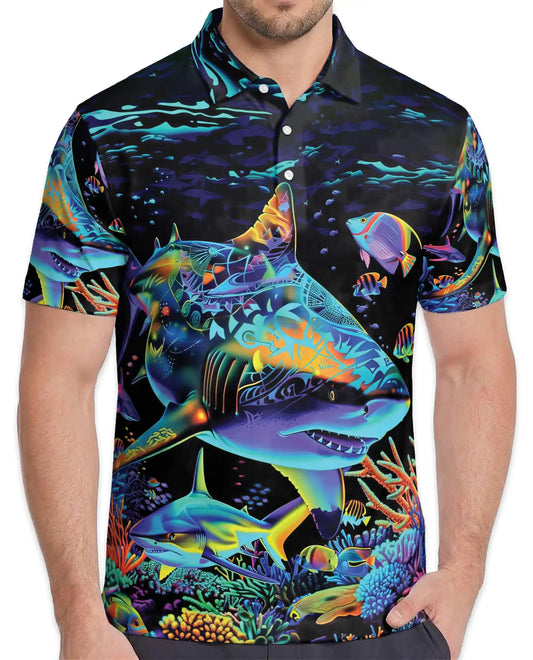 Tropical Sharks Polo Shirt for Men, Colorful Ocean Fish Design | Azhawaiian