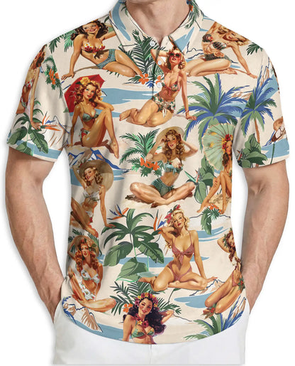 Tropical Pin Up Polo Shirt - Vintage Beach Babe Style | Azhawaiian