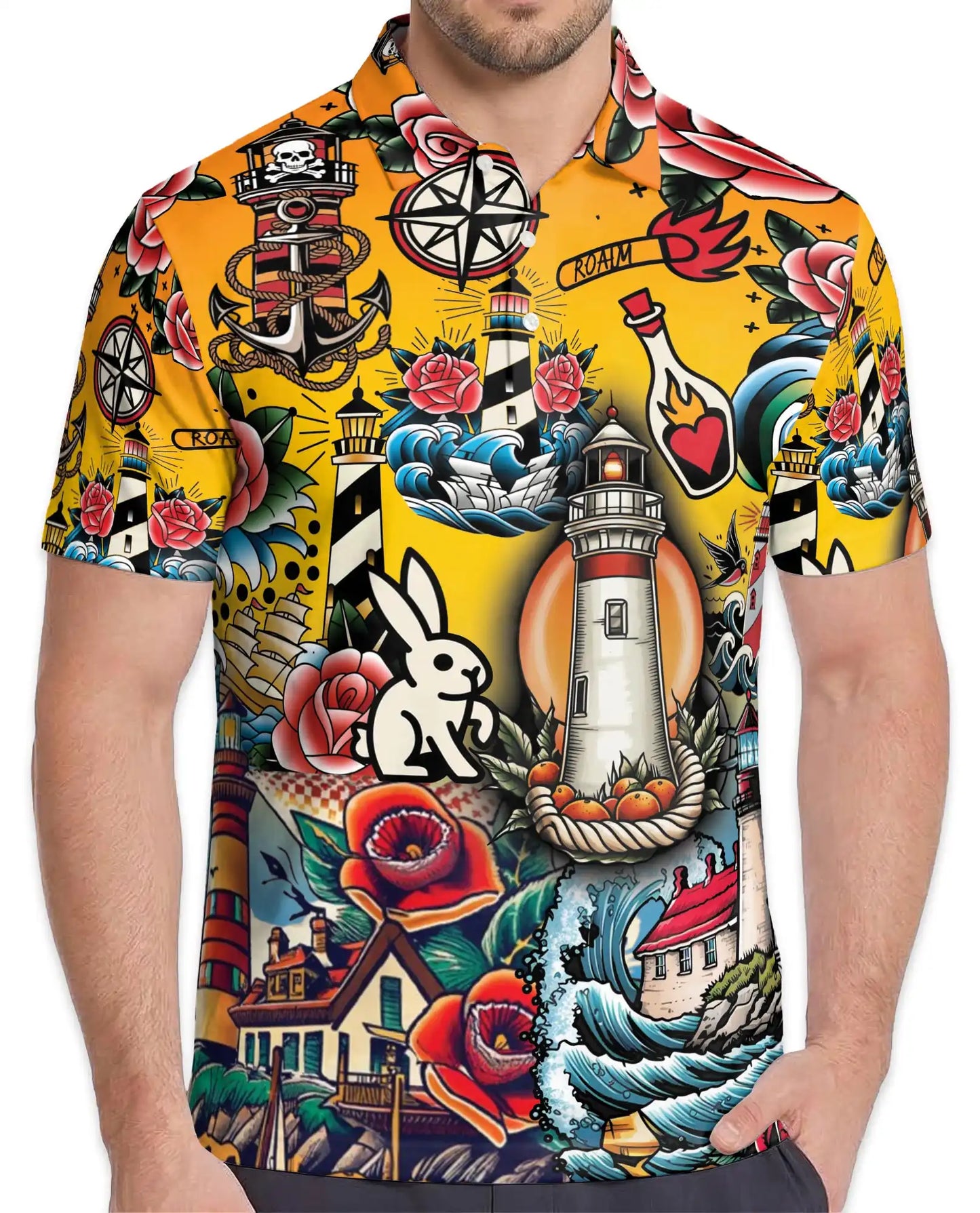 Nautical Tattoo Polo Shirt - Lighthouse Coastal Design | Azhawaiian