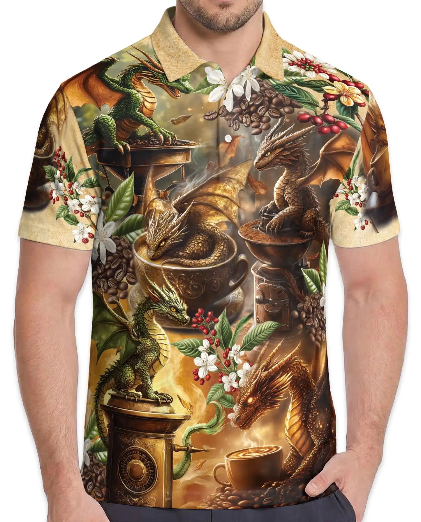 Coffee Dragon Polo Shirt for Men - Fantasy Coffee Lover | Azhawaiian