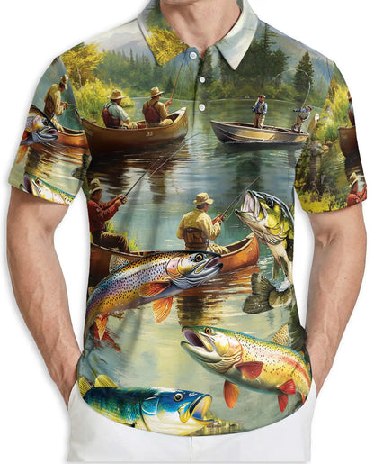 Lake Fishing Adventure 3D Polo Shirt for Men, Outdoor Angler Nature Style | Azhawaiian