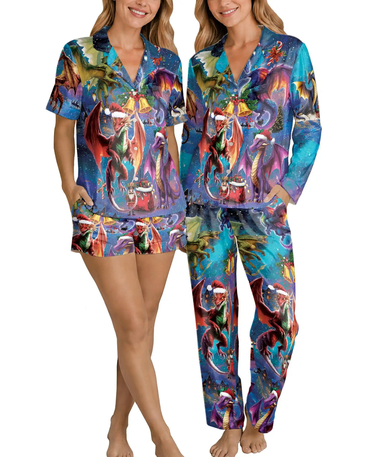 Fantasy Christmas Dragon Pajama Set for Women – Santa Hat Print