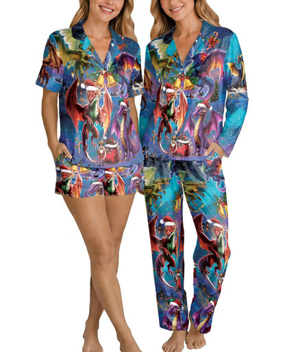 Fantasy Christmas Dragon Pajama Set for Women – Santa Hat Print