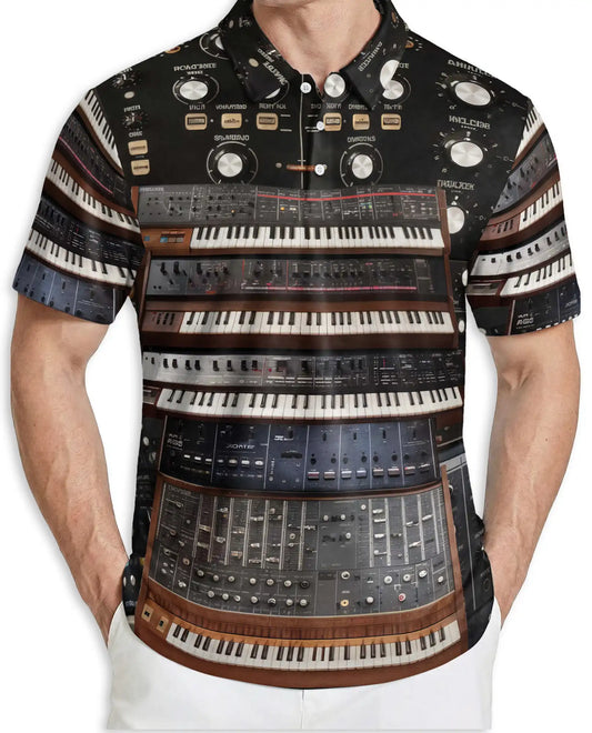 Vintage Synthesizer 3D Polo Shirt for Men, Retro Keyboard Music Style | Azhawaiian
