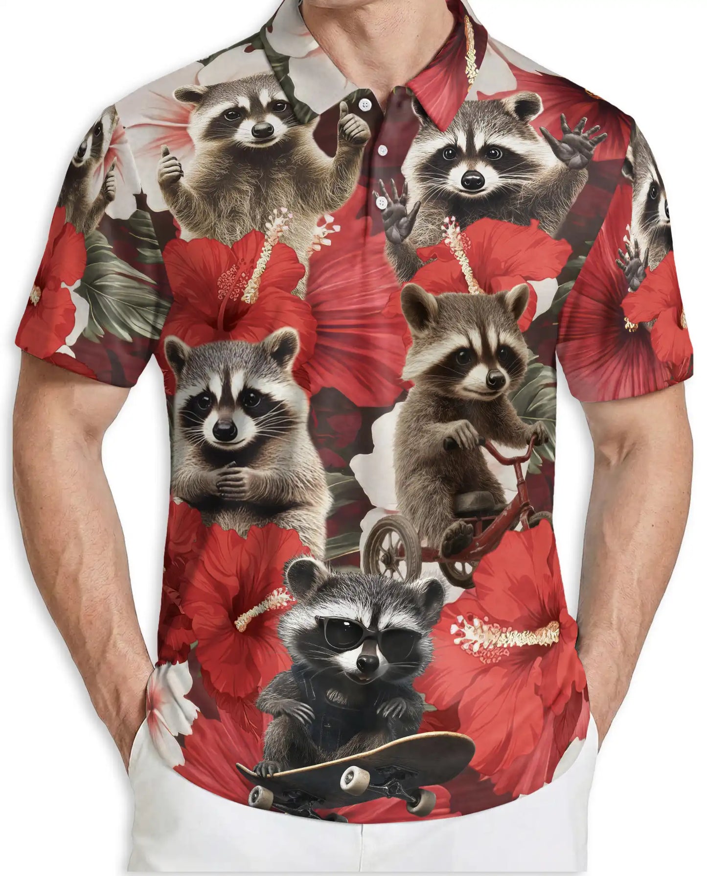 Raccoon Floral 3D Polo Shirt for Men, Funny Animal Hibiscus Style | Azhawaiian
